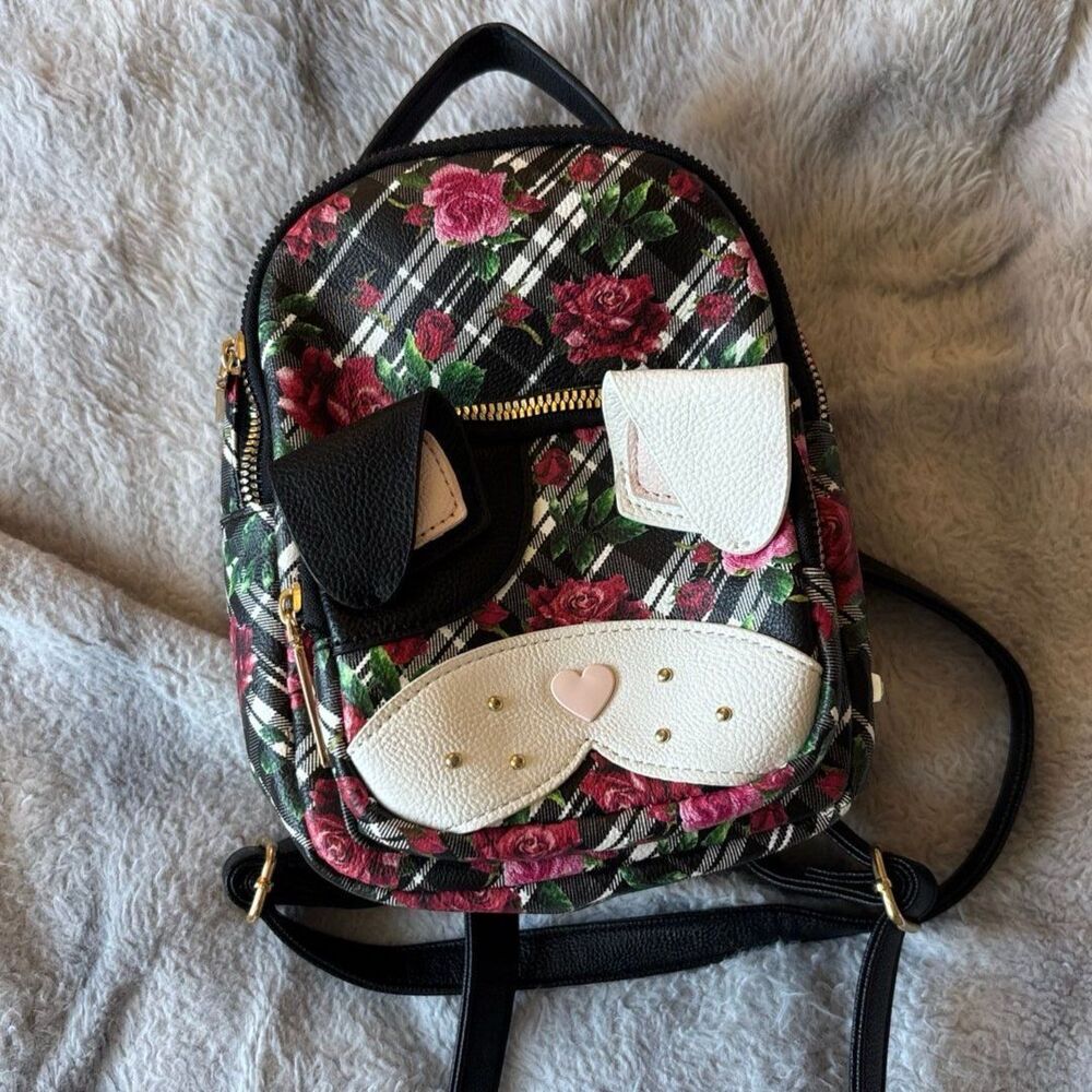 Betsey Johnson Cat Face Mini Backpack Plaid Rose‎ Floral Rare